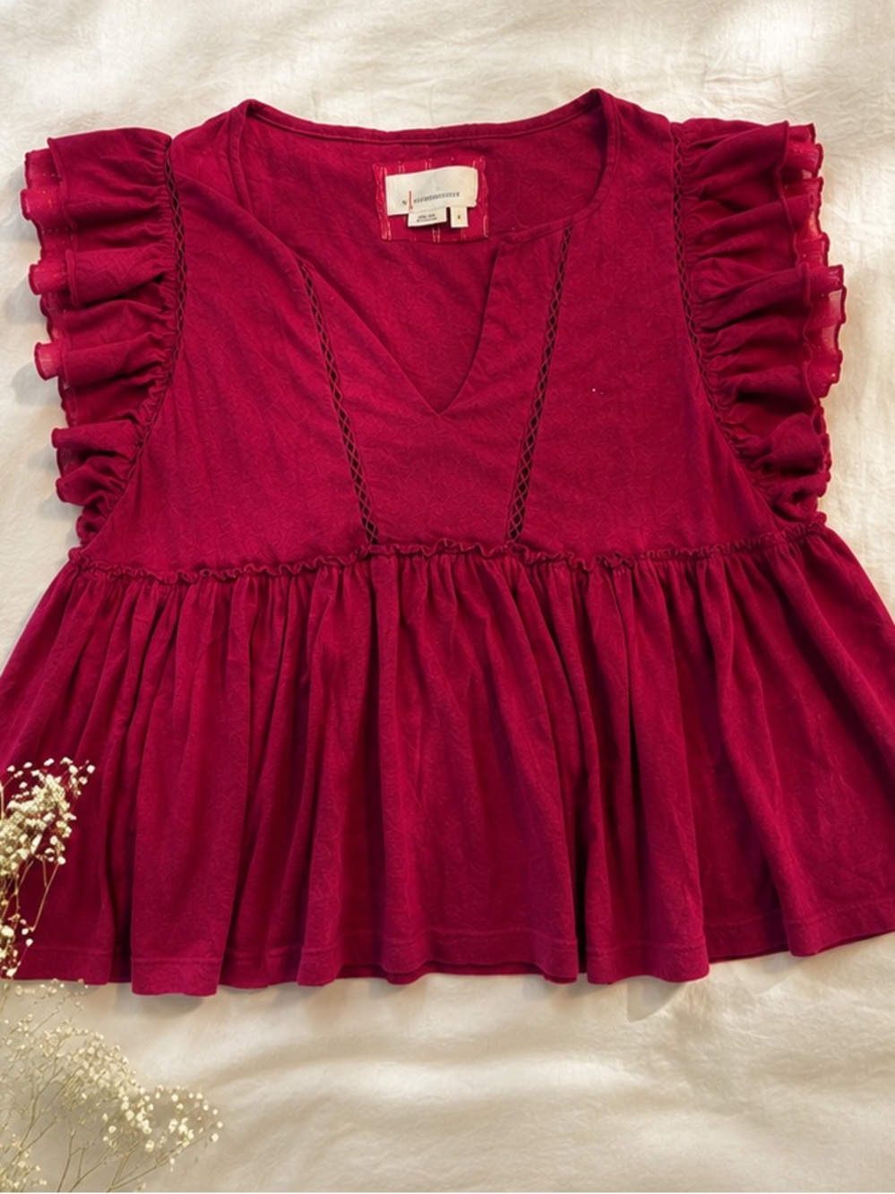 Anthropologie Deep Berry Ruffled Peplum Tank